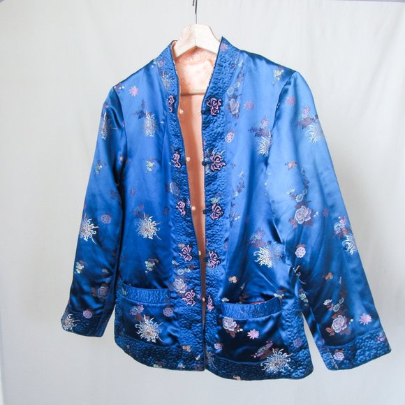 Stunning Vintage Satin Silk Jacket Reversible Satin Floral Jacquard/Small Medium